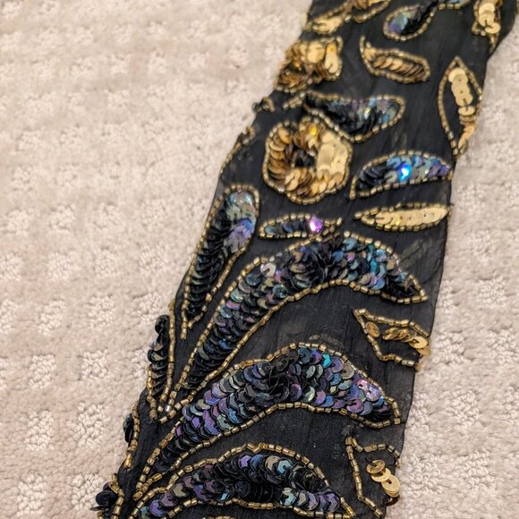 Silk Floral Beaded Sequined Blouse Black Gold - Women's sz S - Picture 5 of 11